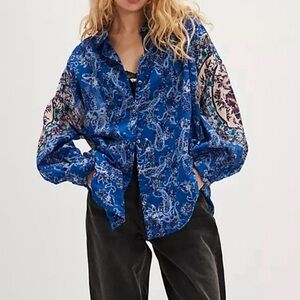 NEW Free People Rose Bud Paisley Cotton Button Up Shirt Womens Oversized Blue SM